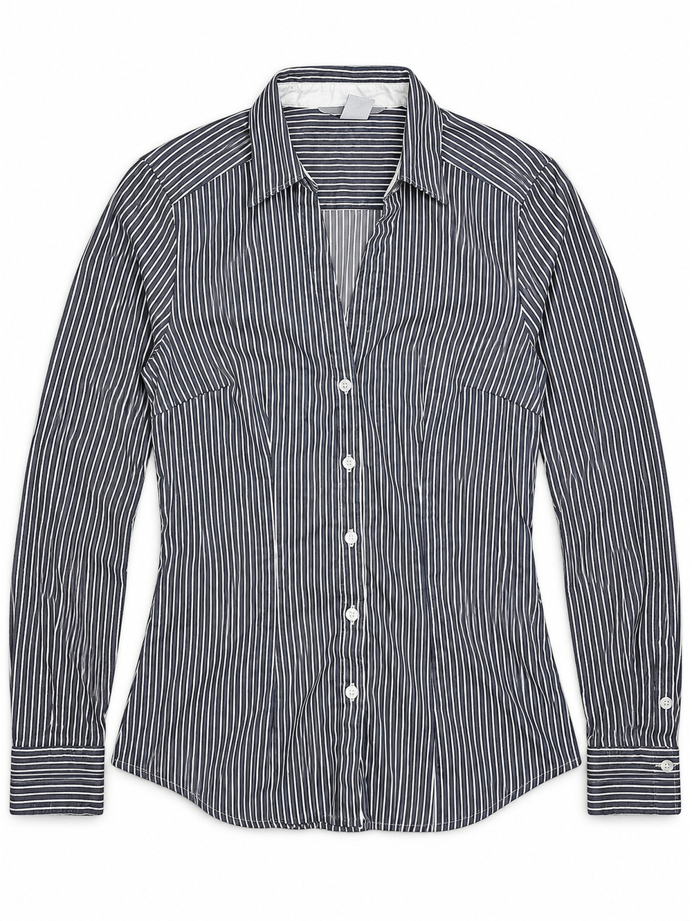 H&M Women's Navy and White Striped Button-Up Shirt Size 4